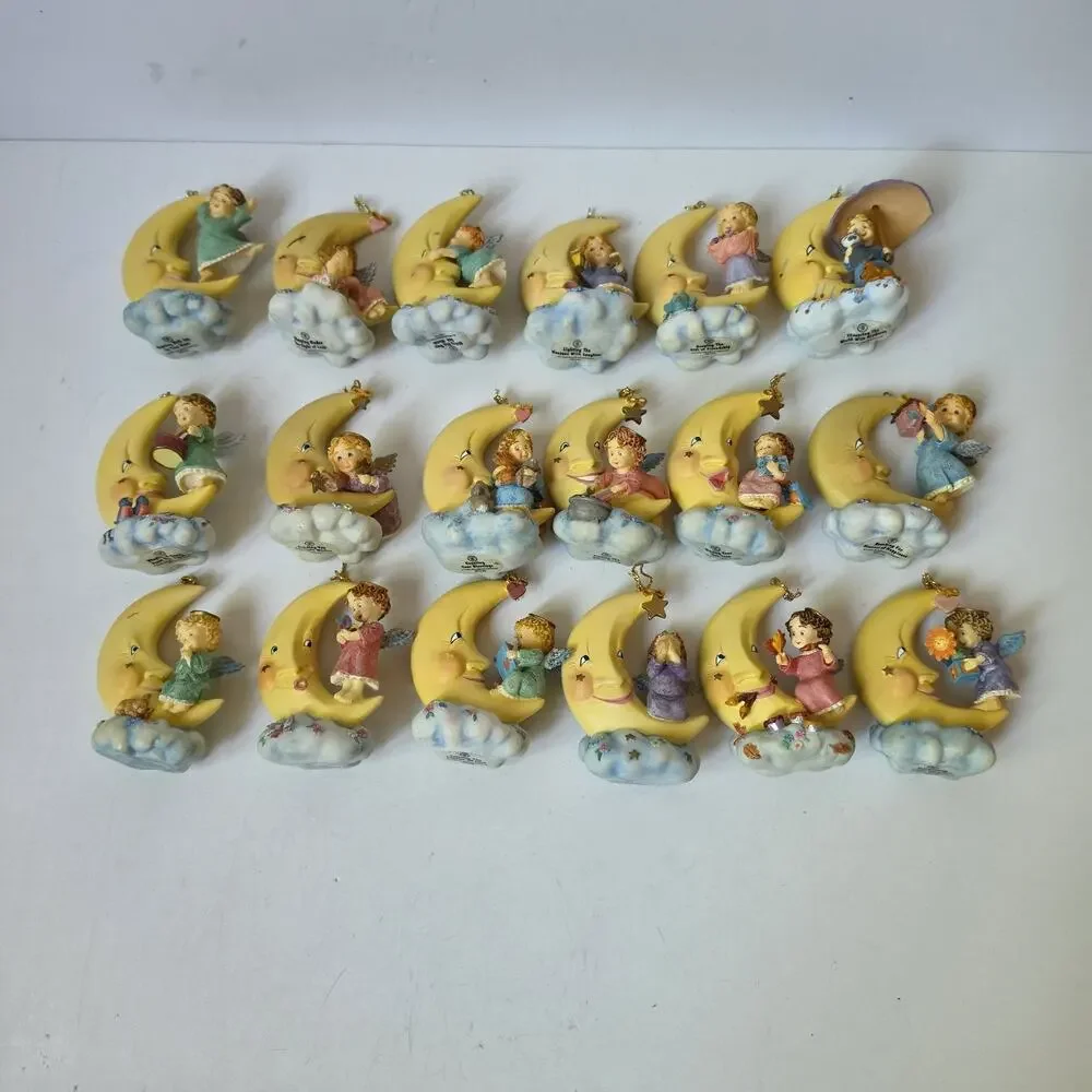 Heaven's Little Helpers Hanging Moon Angel Ornaments Porcelain Lot Of 18 Vintage